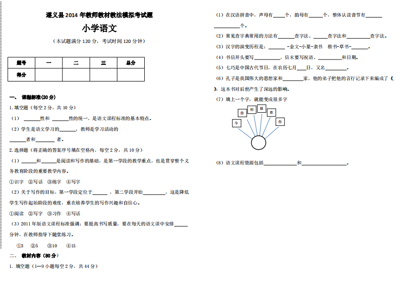 2016年小学语文教材教法过关模拟试卷详解