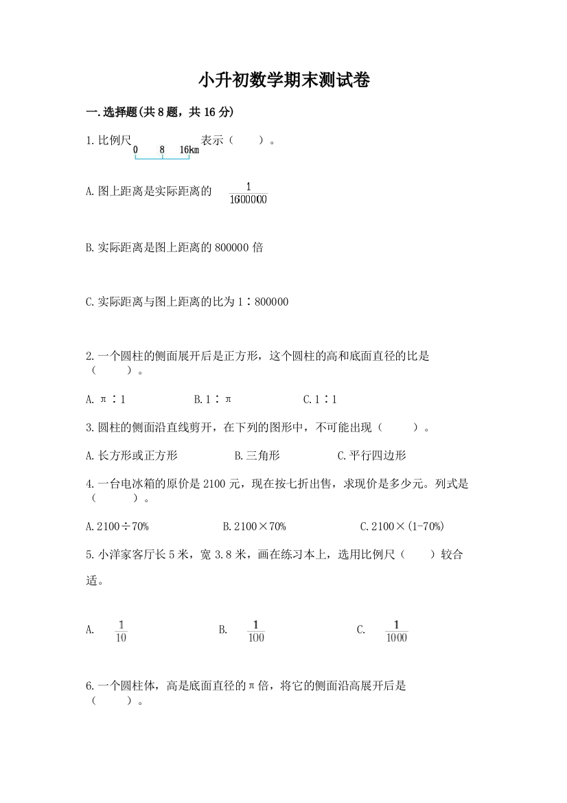 小升初数学期末测试卷附参考答案（实用）