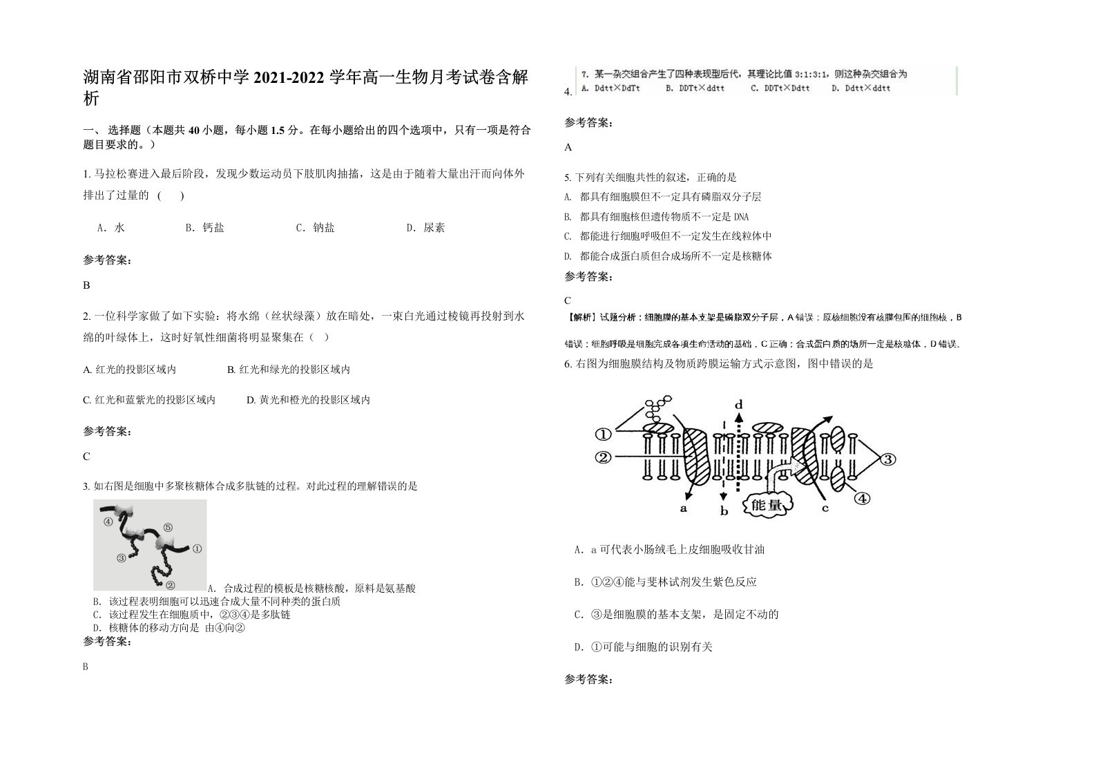 湖南省邵阳市双桥中学2021-2022学年高一生物月考试卷含解析