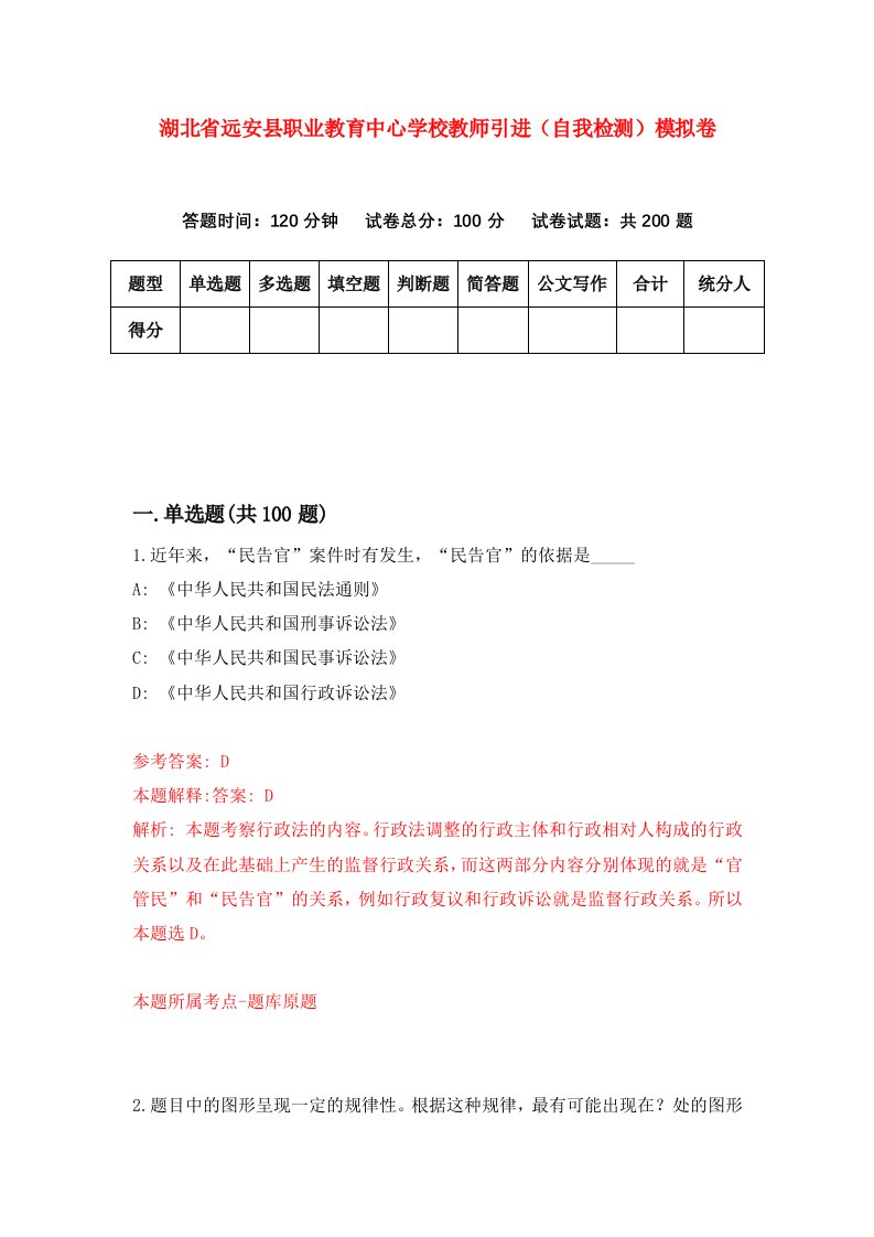 湖北省远安县职业教育中心学校教师引进自我检测模拟卷第1套