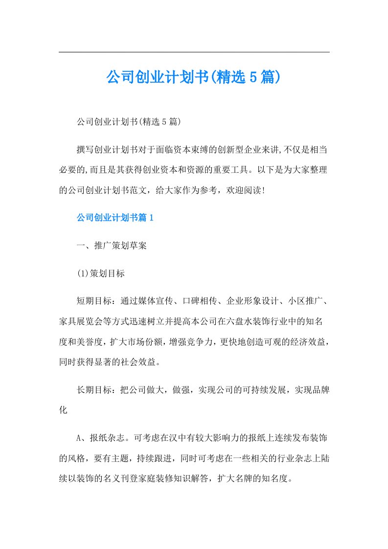 公司创业计划书(精选5篇)