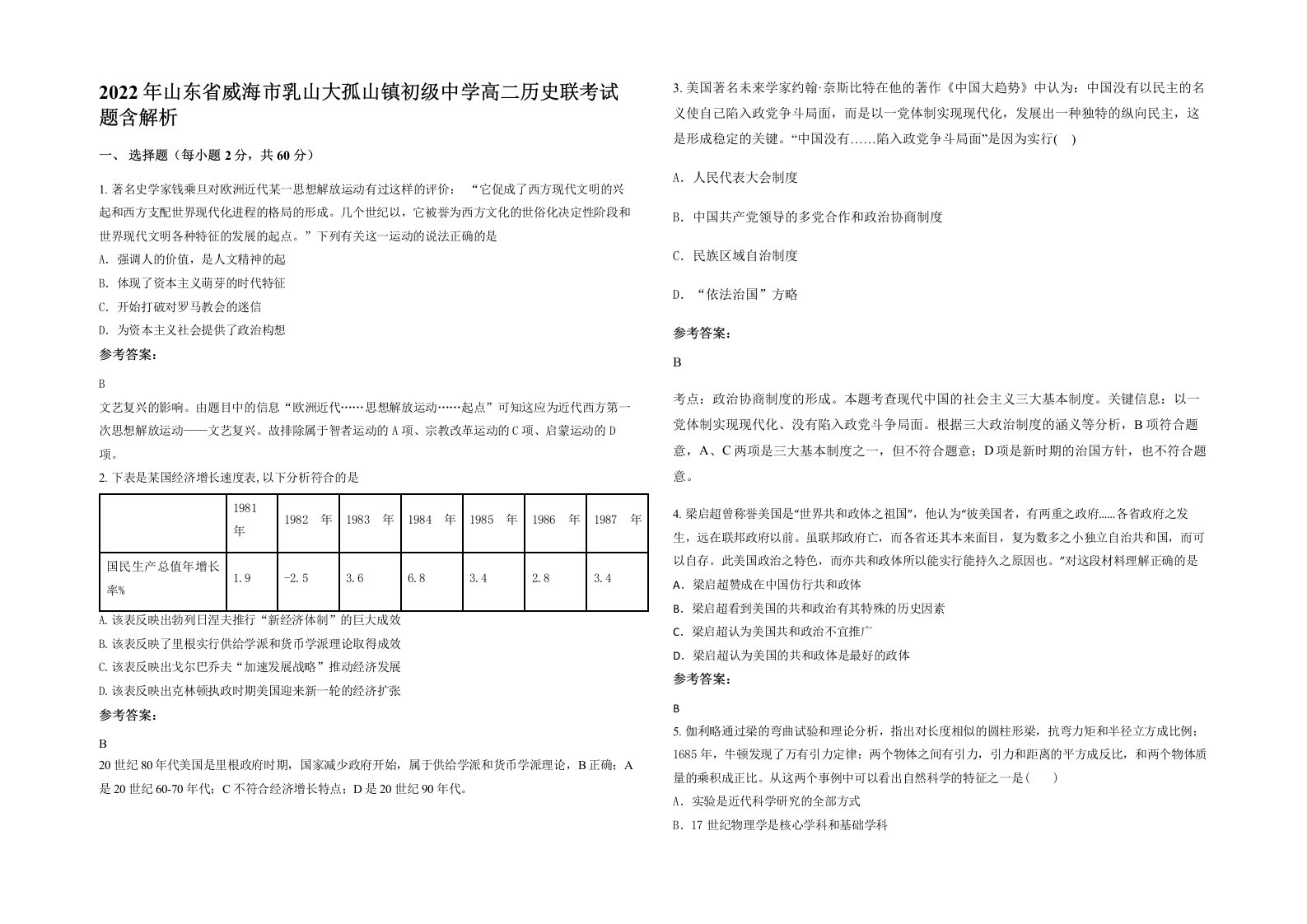 2022年山东省威海市乳山大孤山镇初级中学高二历史联考试题含解析