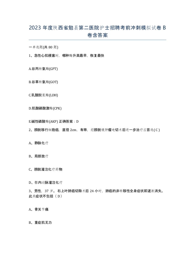 2023年度陕西省勉县第二医院护士招聘考前冲刺模拟试卷B卷含答案