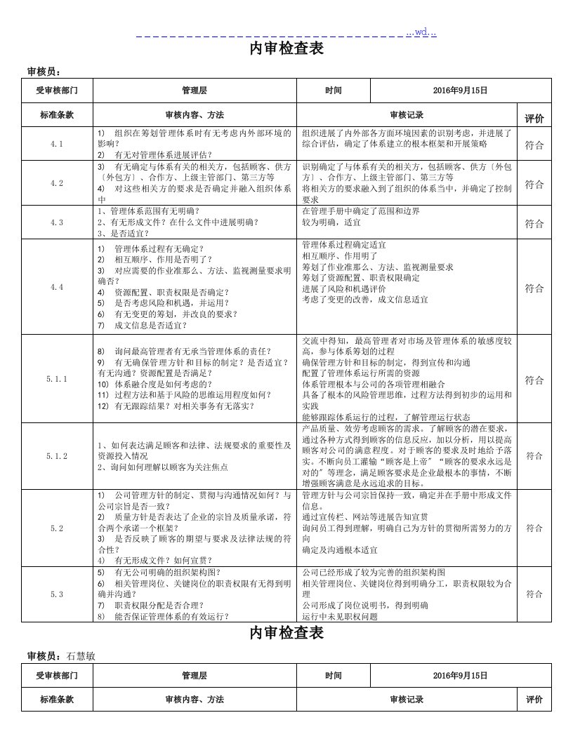 2015年新版体系内审检查表