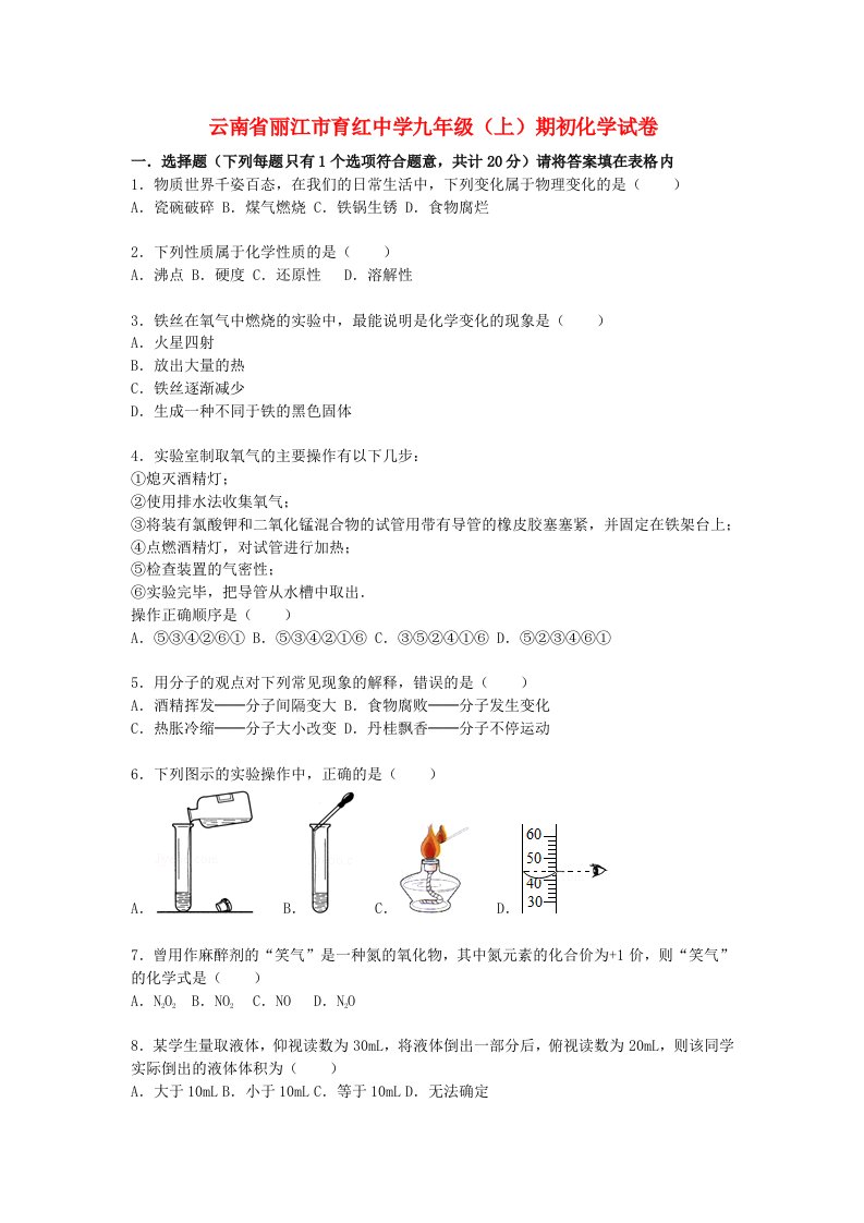 云南省丽江市育红中学九级化学上学期期初试题（含解析）