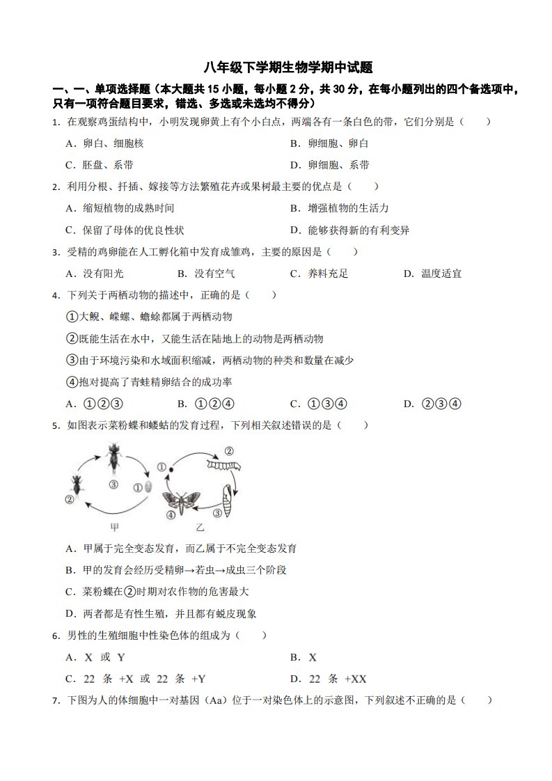 2024年广西八年级下学期生物学期中考试试卷及答案