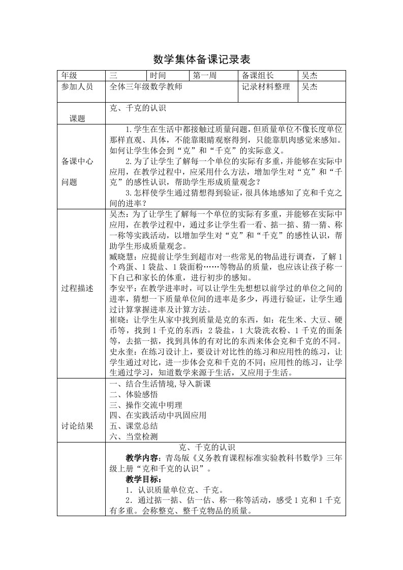 数学集体备课记录表