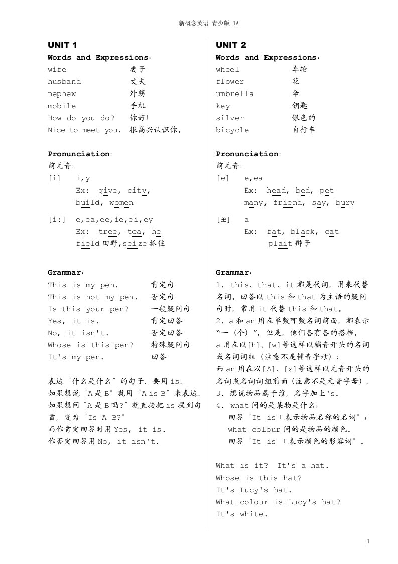 新概念英语青少版1A-词汇语法知识要点