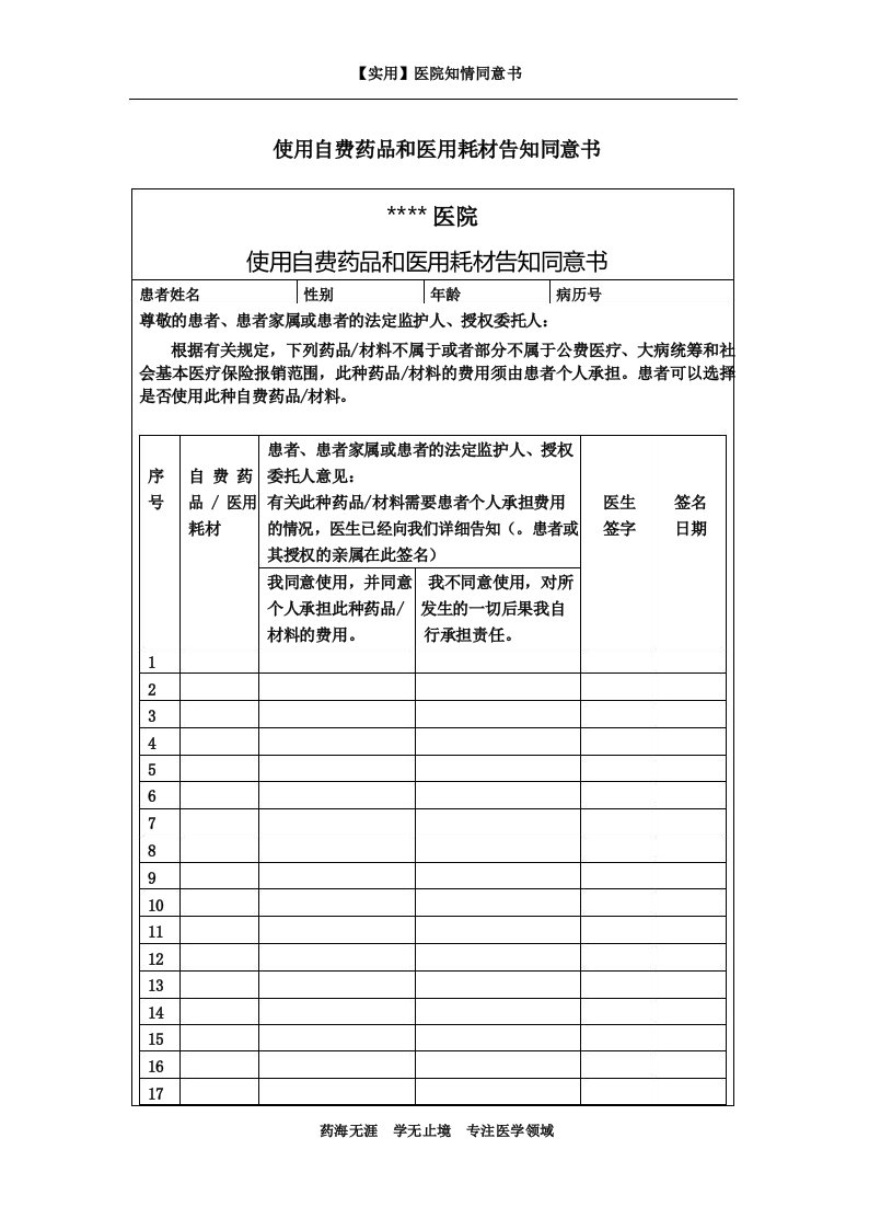 医院知情同意书-使用自费药品和医用耗材告知同意书