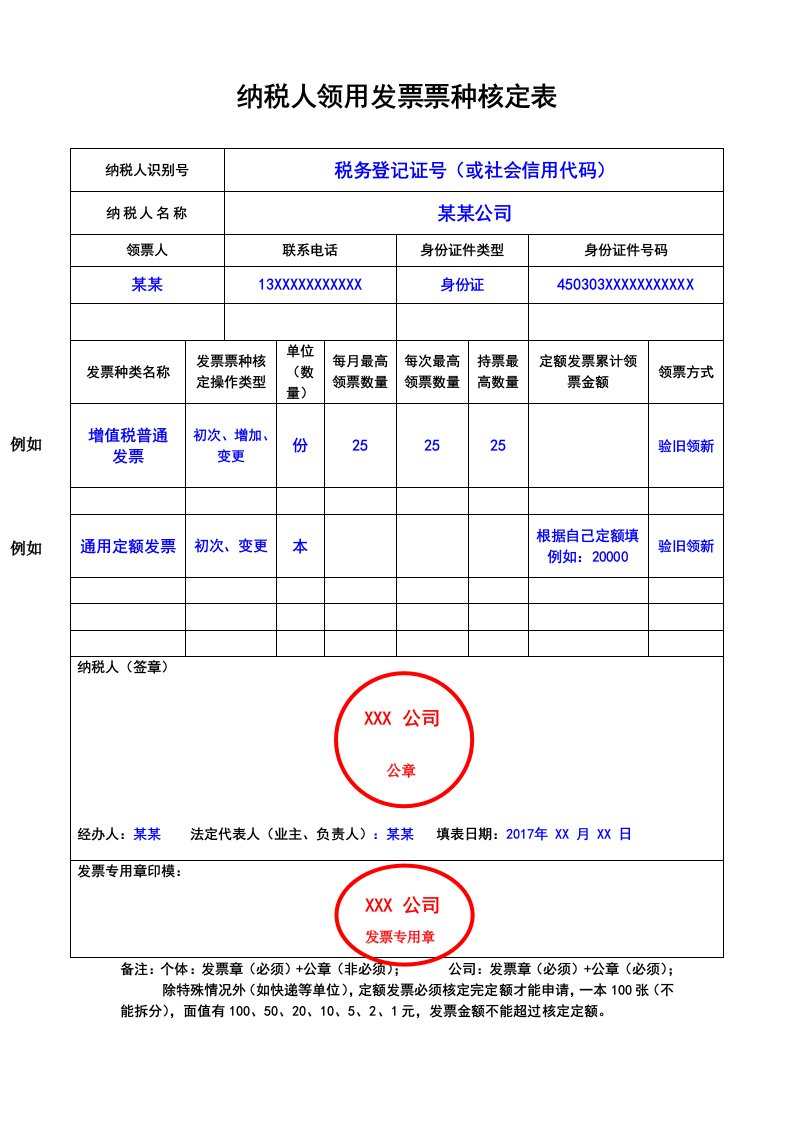 纳税人领用发票票种核定表填写模板