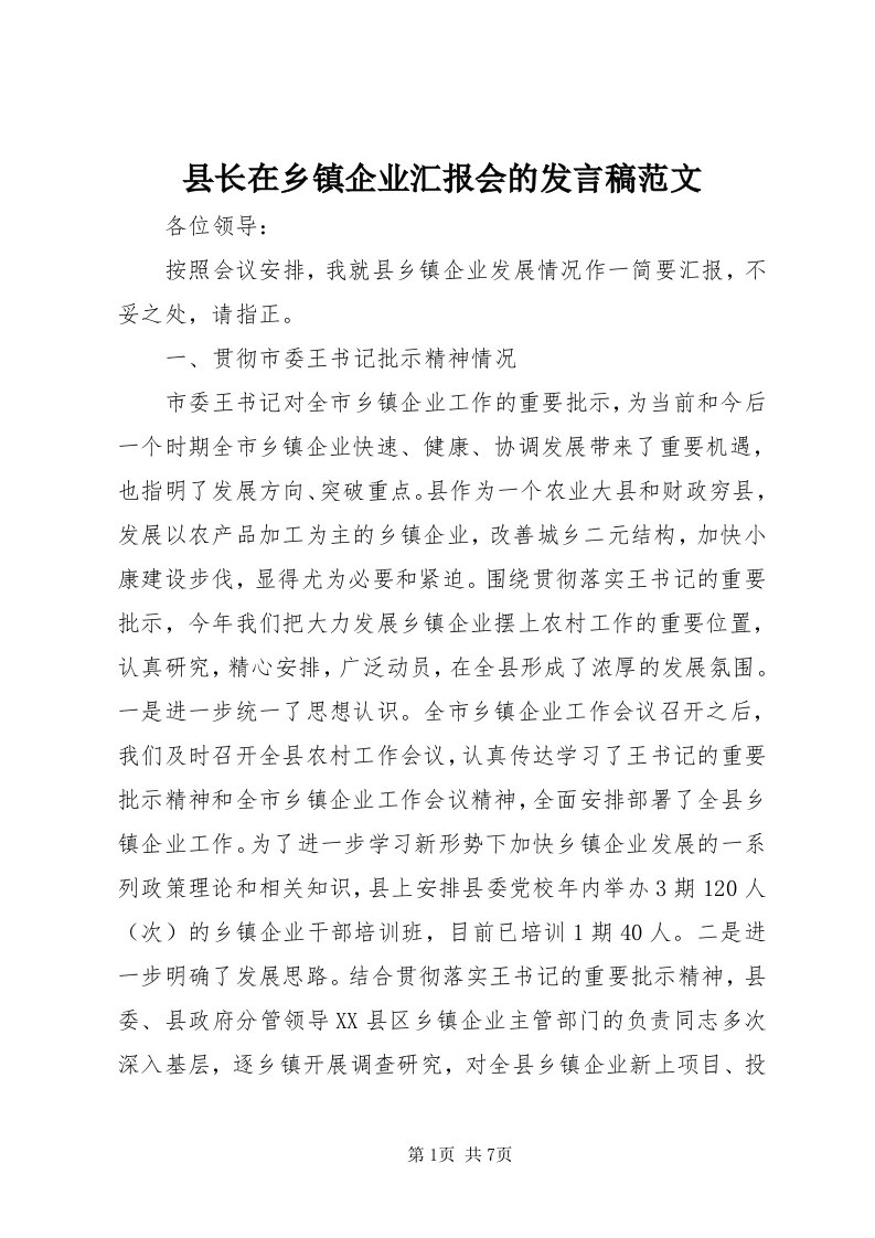 6县长在乡镇企业汇报会的讲话稿范文