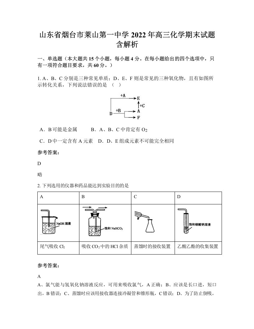 山东省烟台市莱山第一中学2022年高三化学期末试题含解析