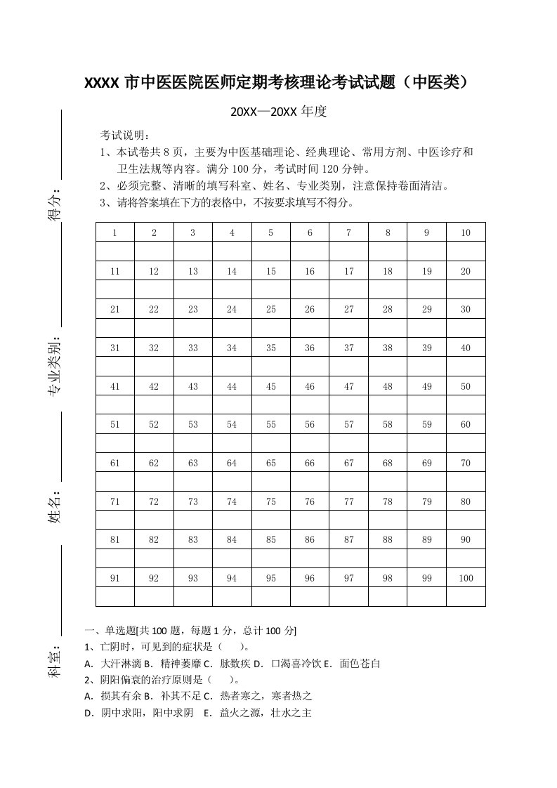 绩效考核-市中医医院医师定期考核理论考试试题中医类别