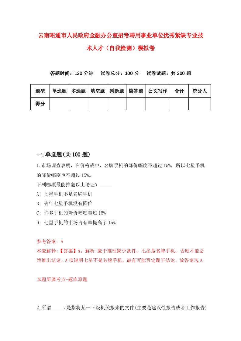 云南昭通市人民政府金融办公室招考聘用事业单位优秀紧缺专业技术人才自我检测模拟卷4