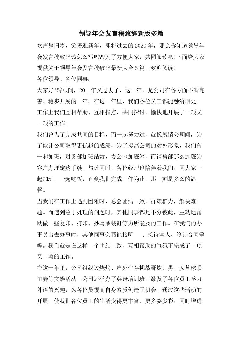 领导年会发言稿致辞新版多篇