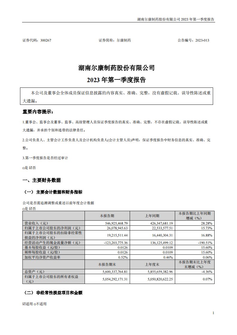 深交所-尔康制药：2023年一季度报告-20230427