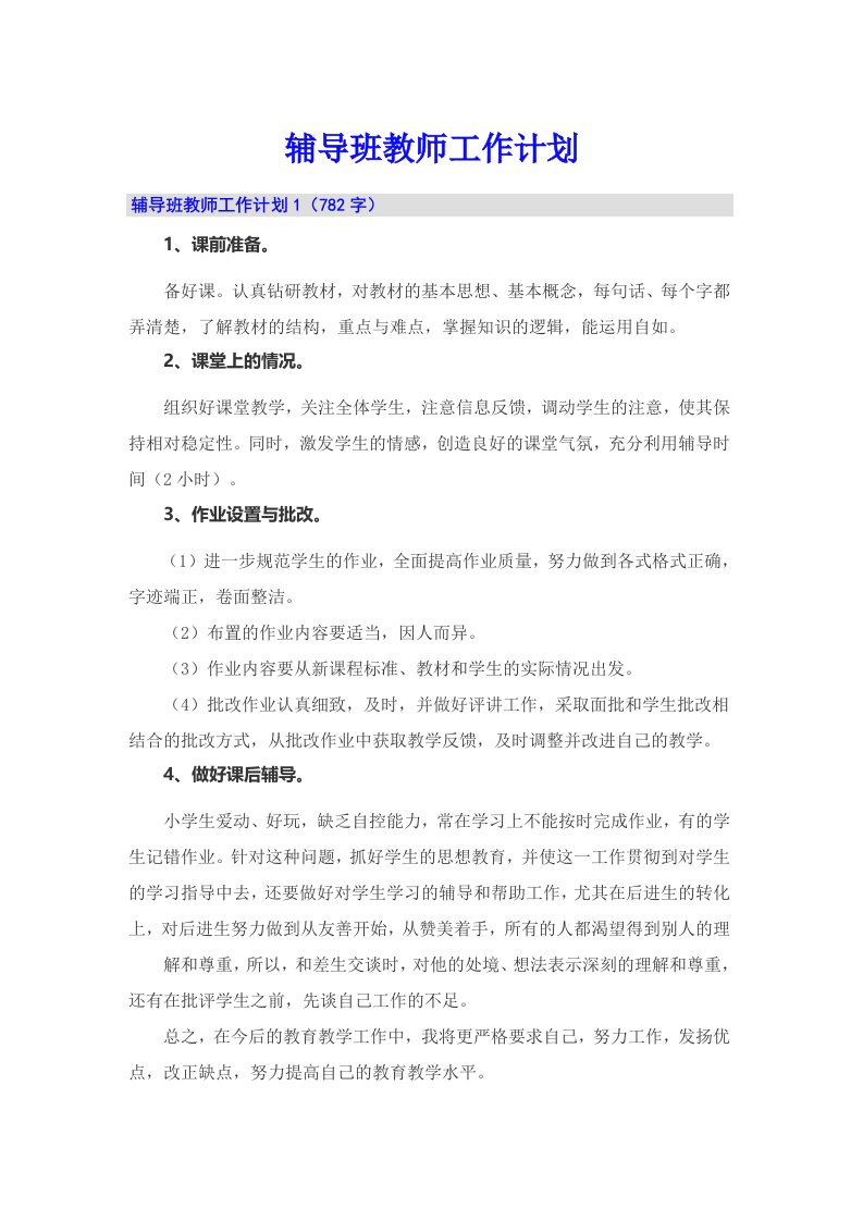 辅导班教师工作计划