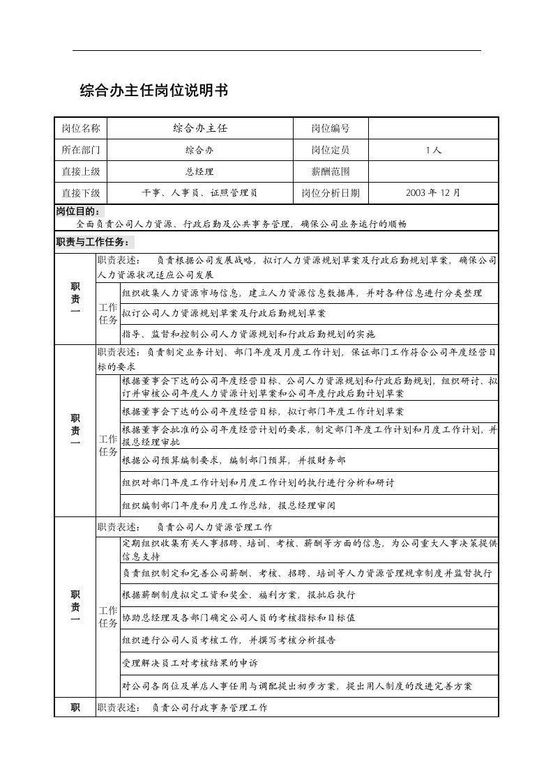 某餐饮企业综合办主任岗位说明书(doc)