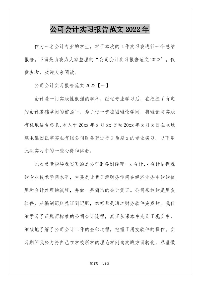 公司会计实习报告范文2022年