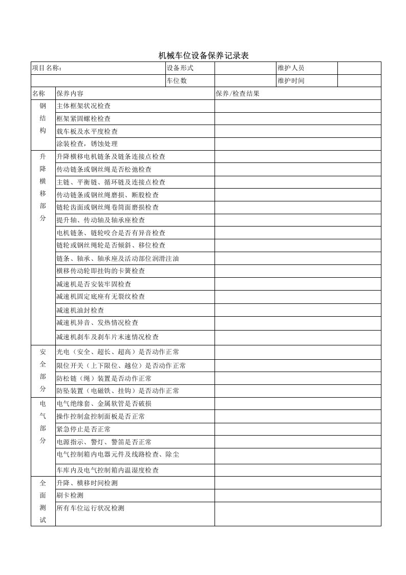 机械车位设备保养记录表