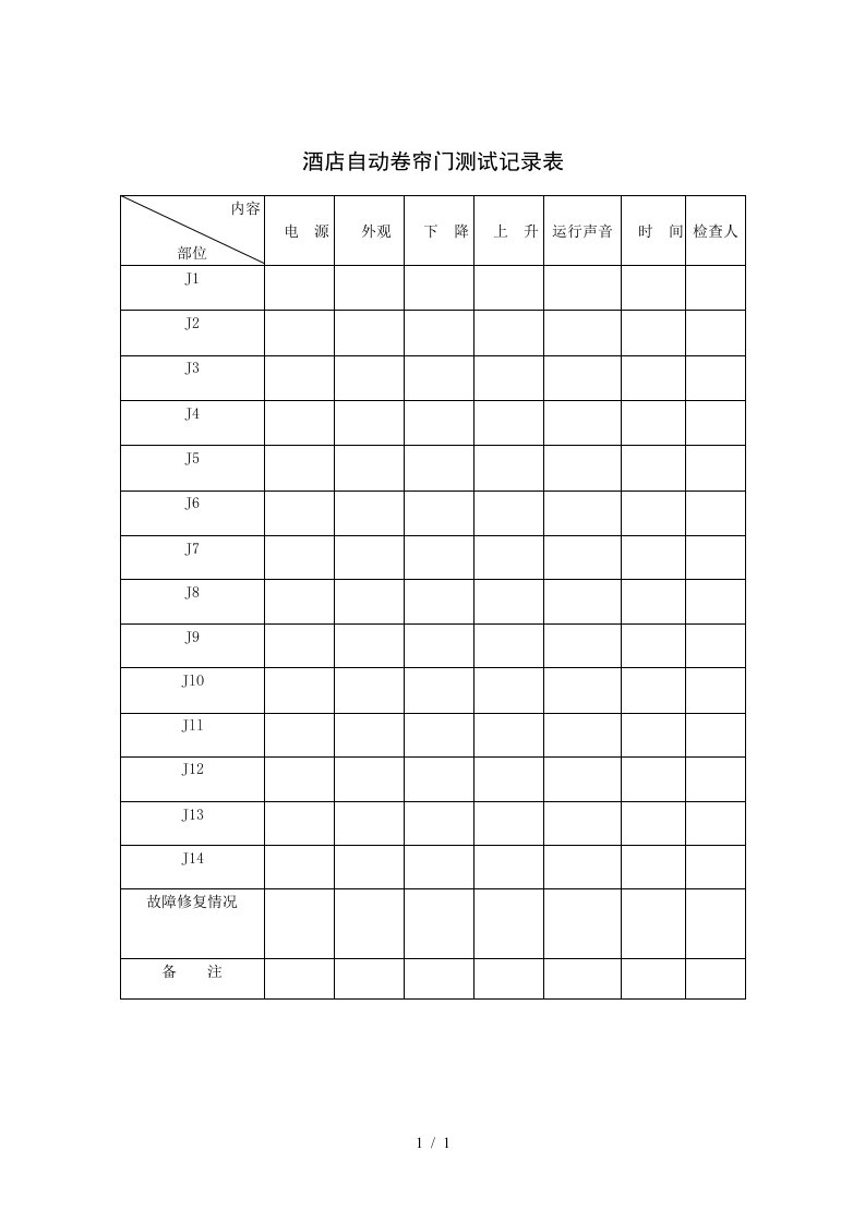 酒店自动卷帘门测试记录表
