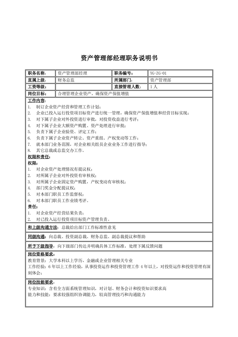 集团资产管理部经理职务说明书样本