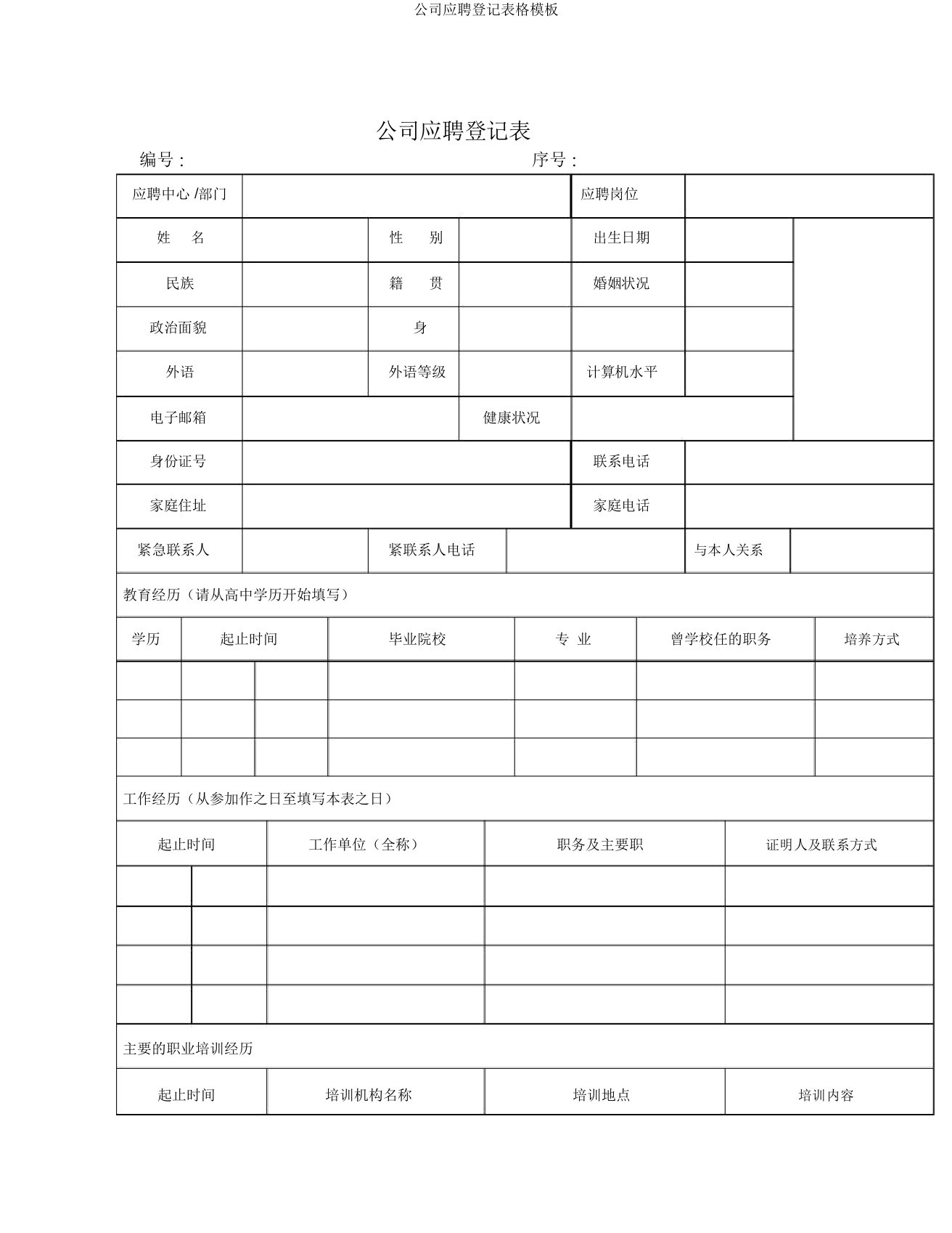 公司应聘登记表格模板