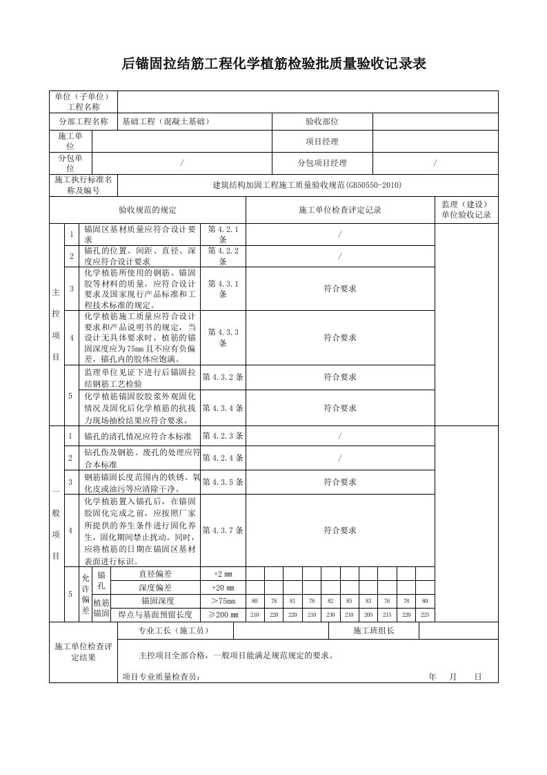 植筋施工检验批质量验收记录表