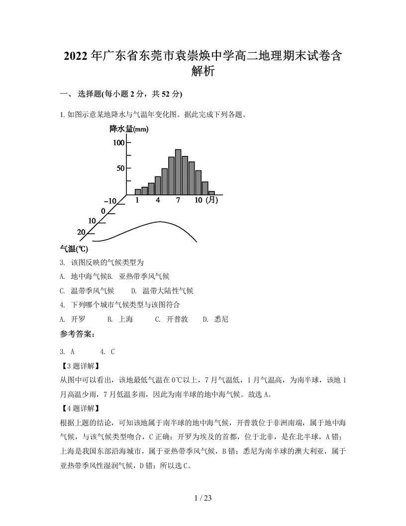 2022年广东省东莞市袁崇焕中学高二地理期末试卷含解析