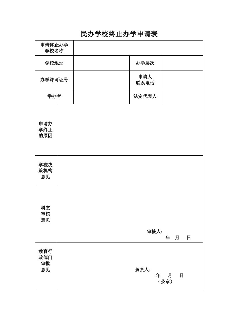 民办学校终止办学申请表