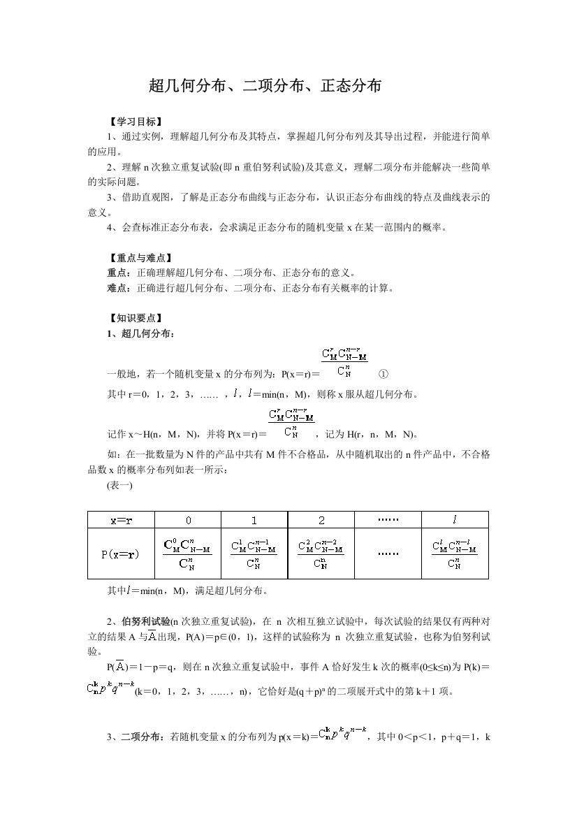 超几何分布、二项分布、正态分布