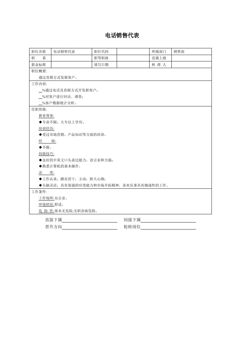 企业管理-职位说明书：电话销售代表