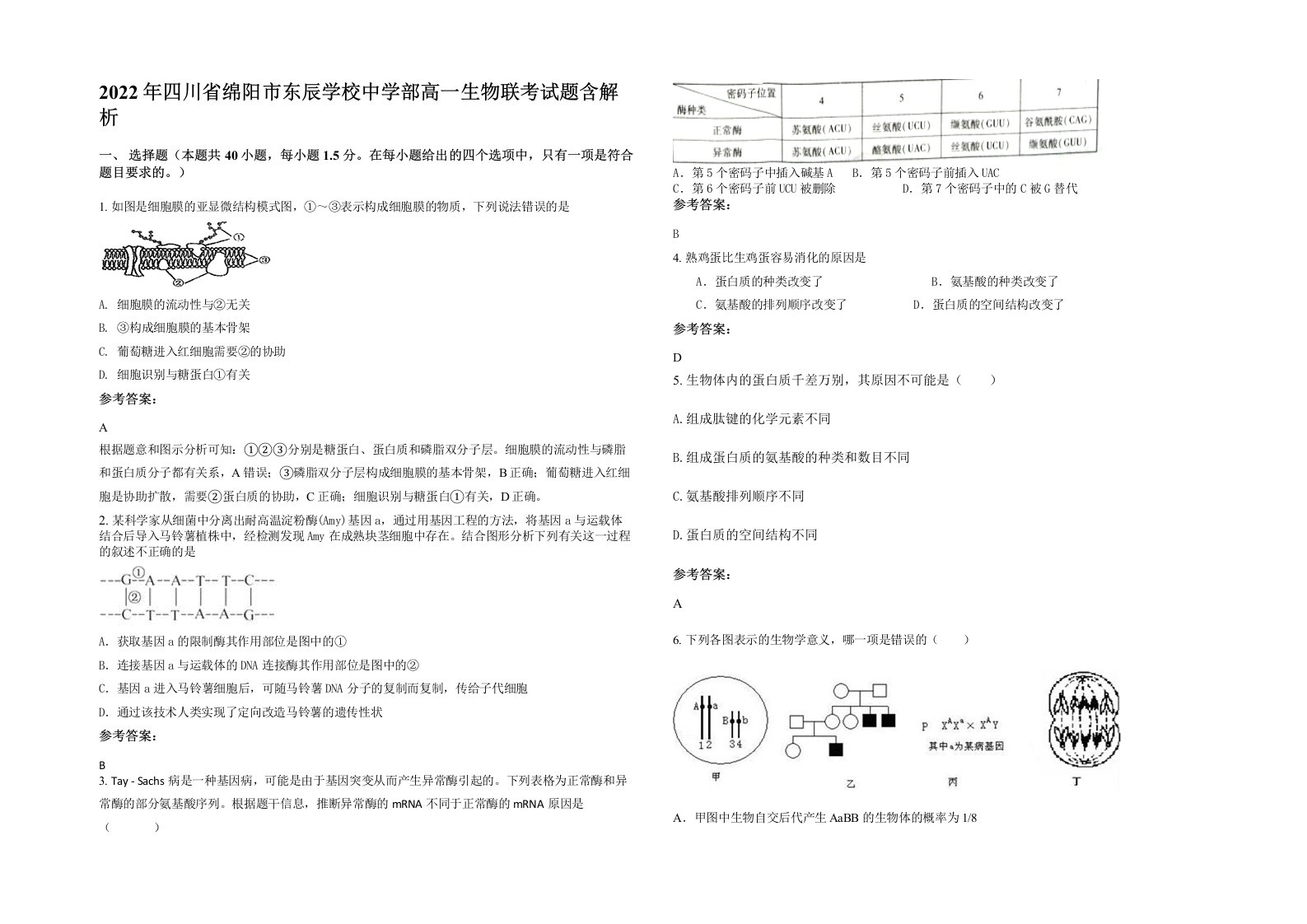 2022年四川省绵阳市东辰学校中学部高一生物联考试题含解析