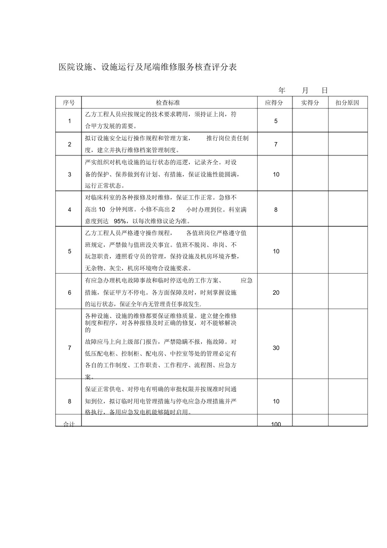 医院设备设施运行及末端维修服务考核评分表