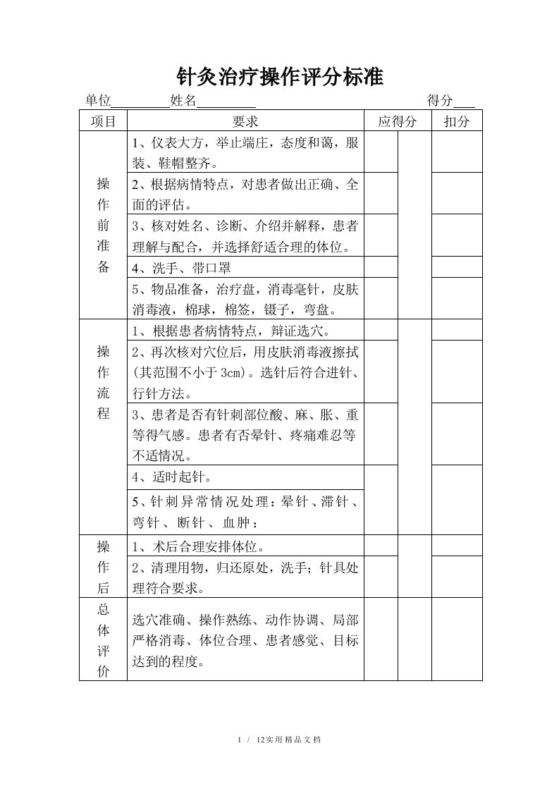 针灸治疗操作评分标准