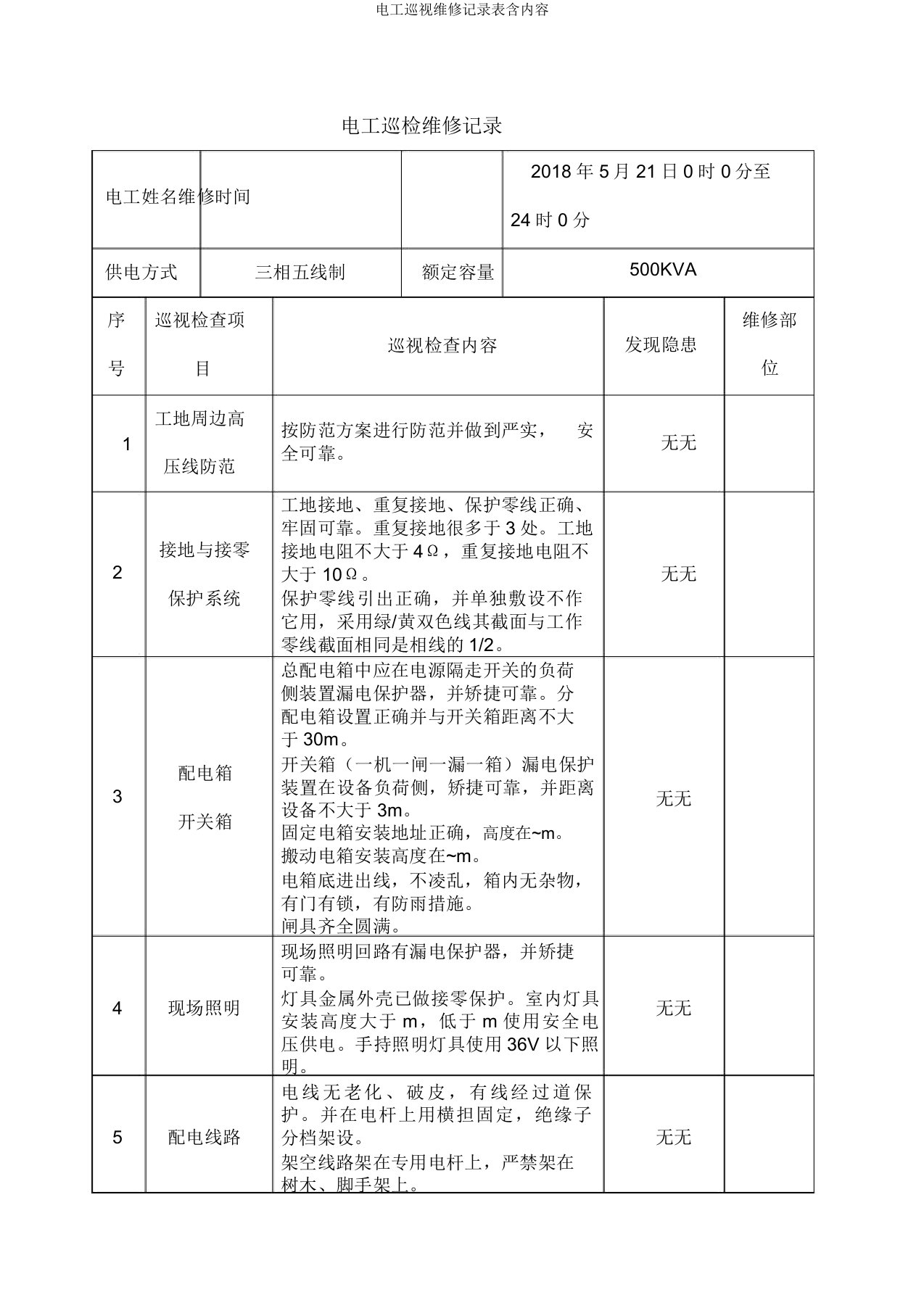 电工巡视维修记录表含内容