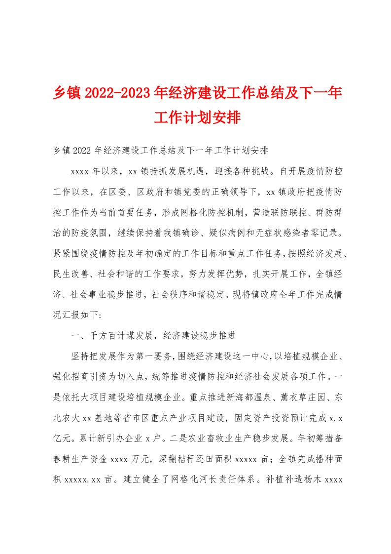 乡镇2022-2023年经济建设工作总结及下一年工作计划安排