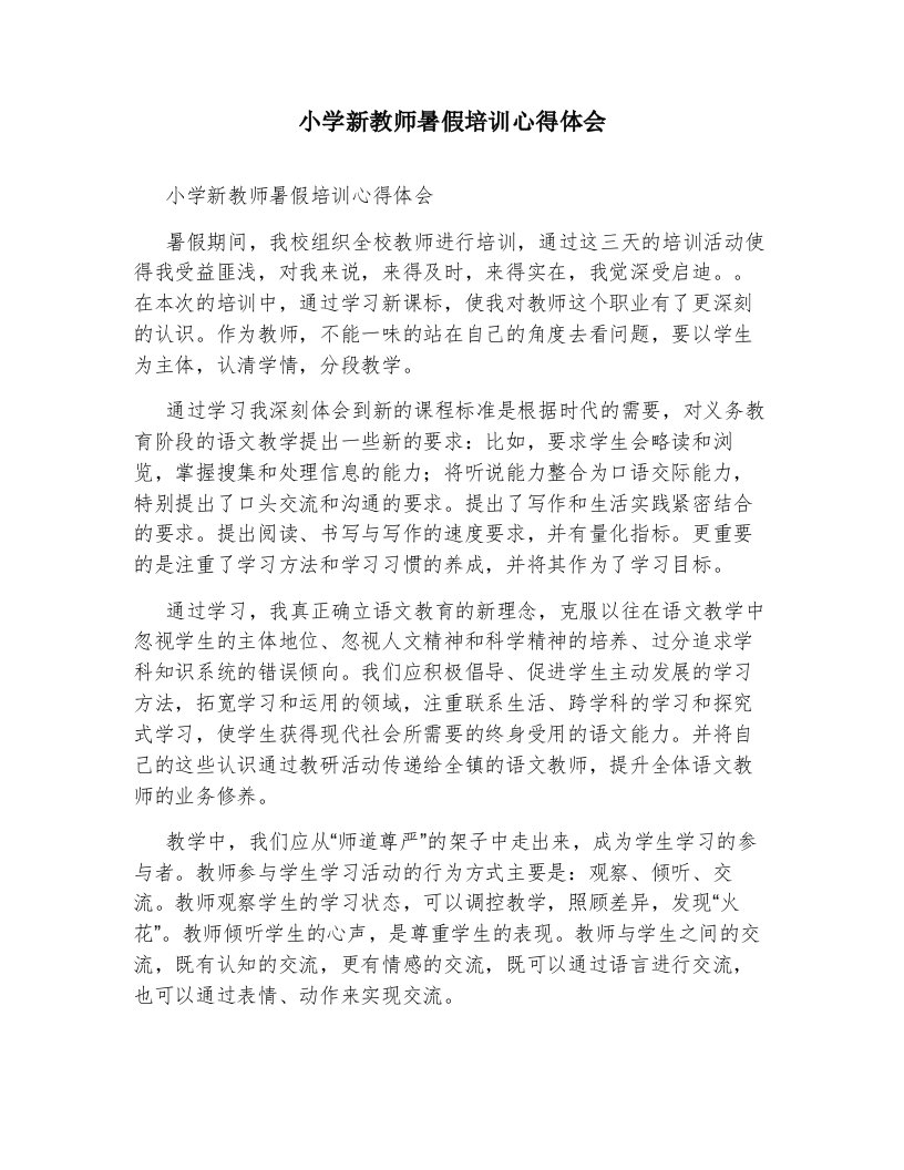 小学新教师暑假培训心得体会