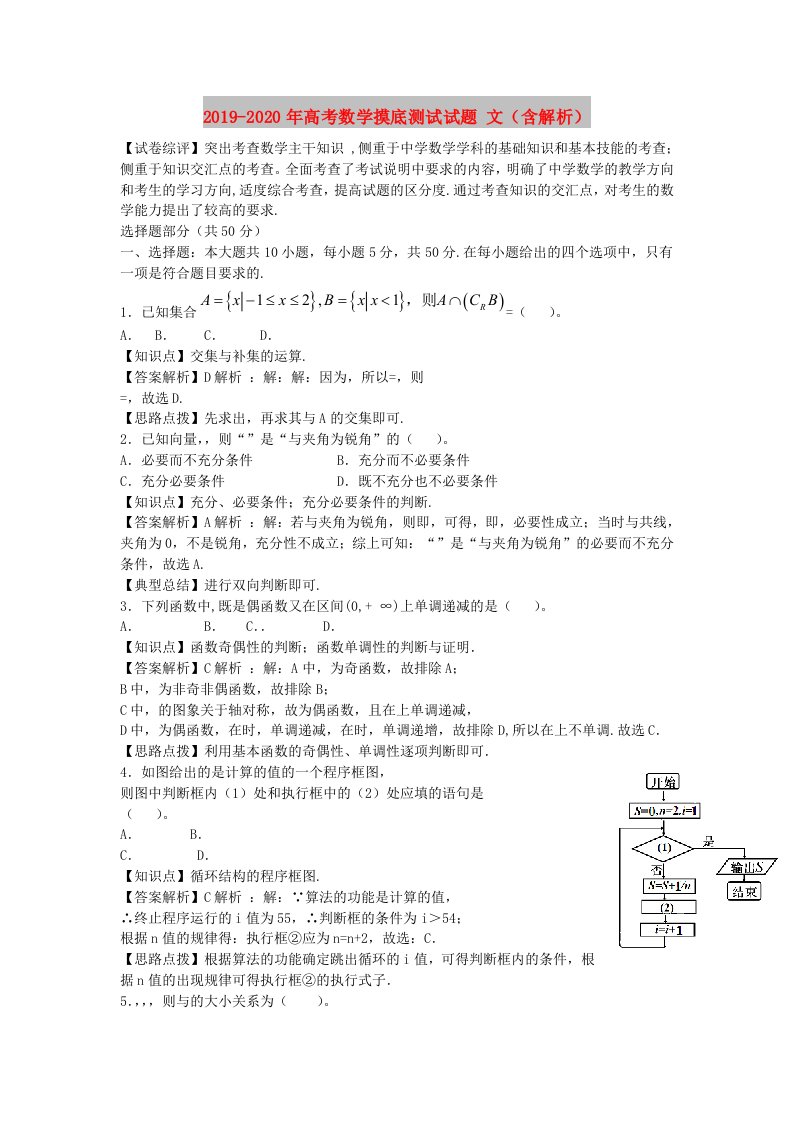 2019-2020年高考数学摸底测试试题