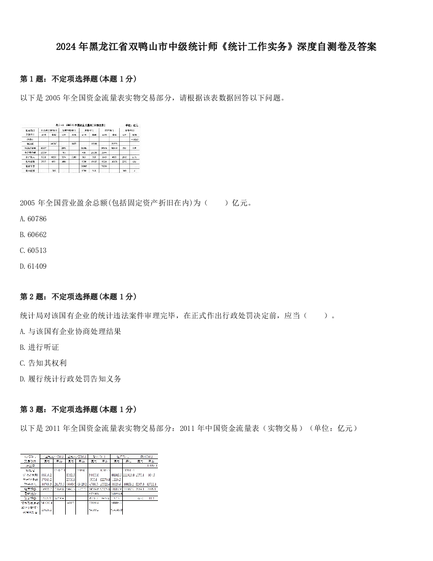 2024年黑龙江省双鸭山市中级统计师《统计工作实务》深度自测卷及答案