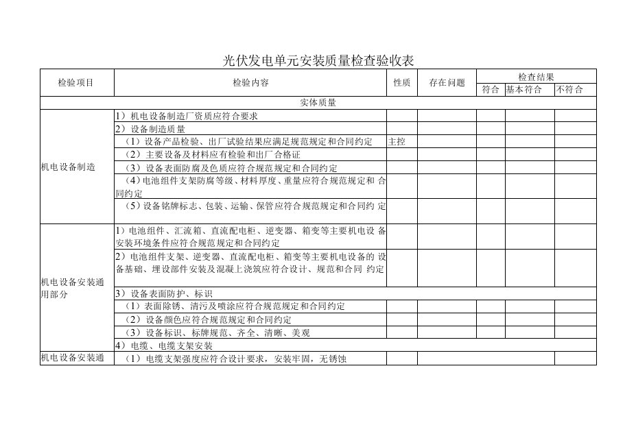 光伏发电单元安装质量检查验收表