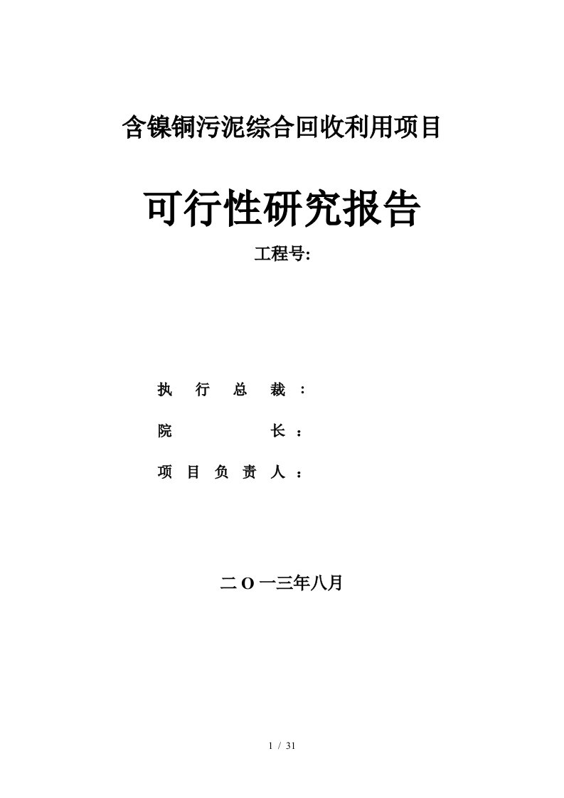 含镍钴铜锌污泥综合回收项目可行性研究报告