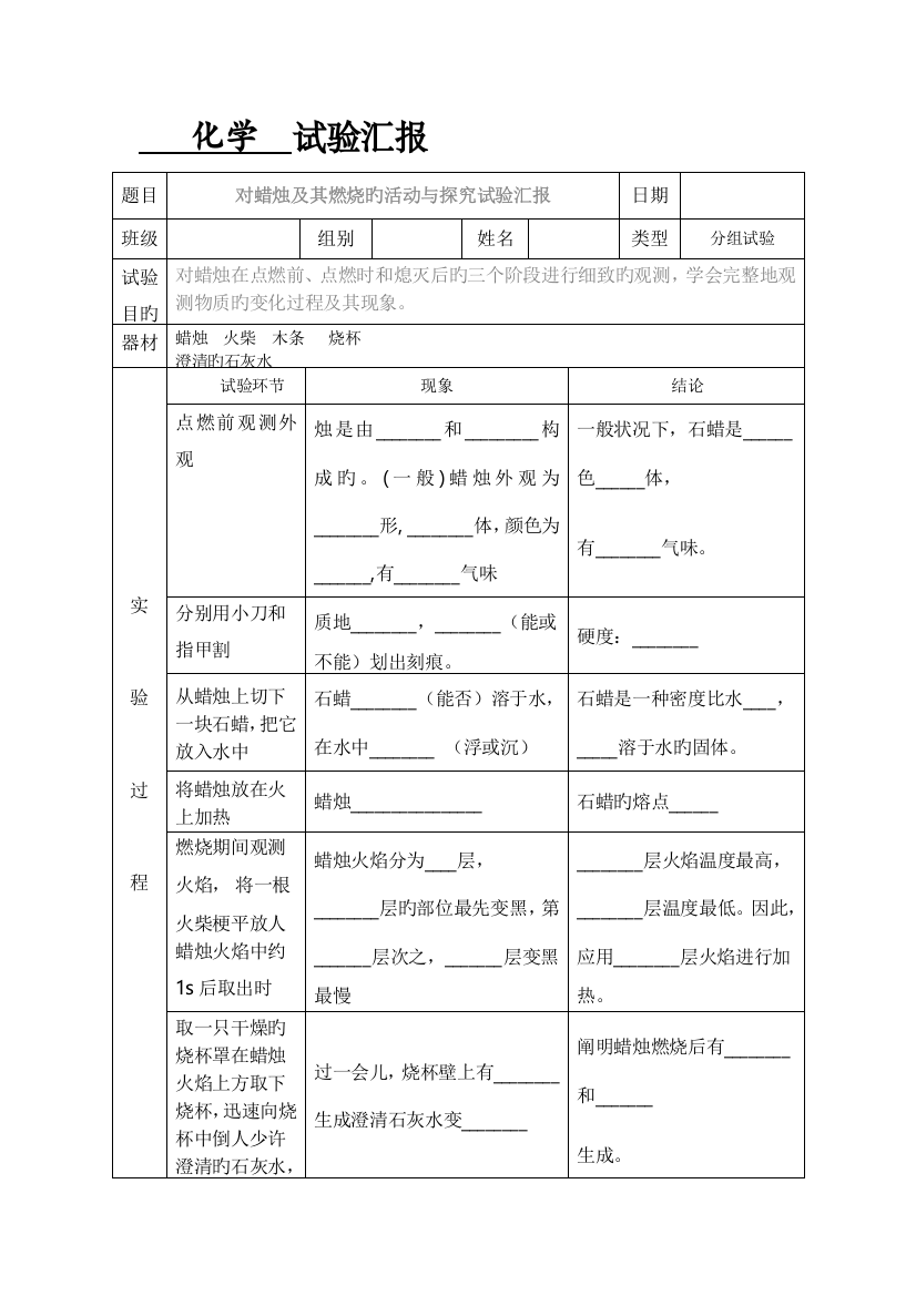 2023年蜡烛及其燃烧探究实验报告