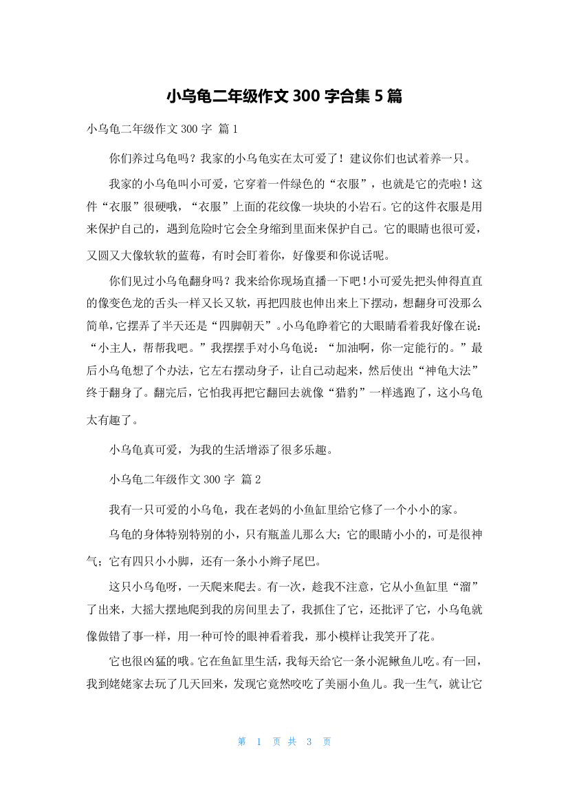 小乌龟二年级作文300字合集5篇