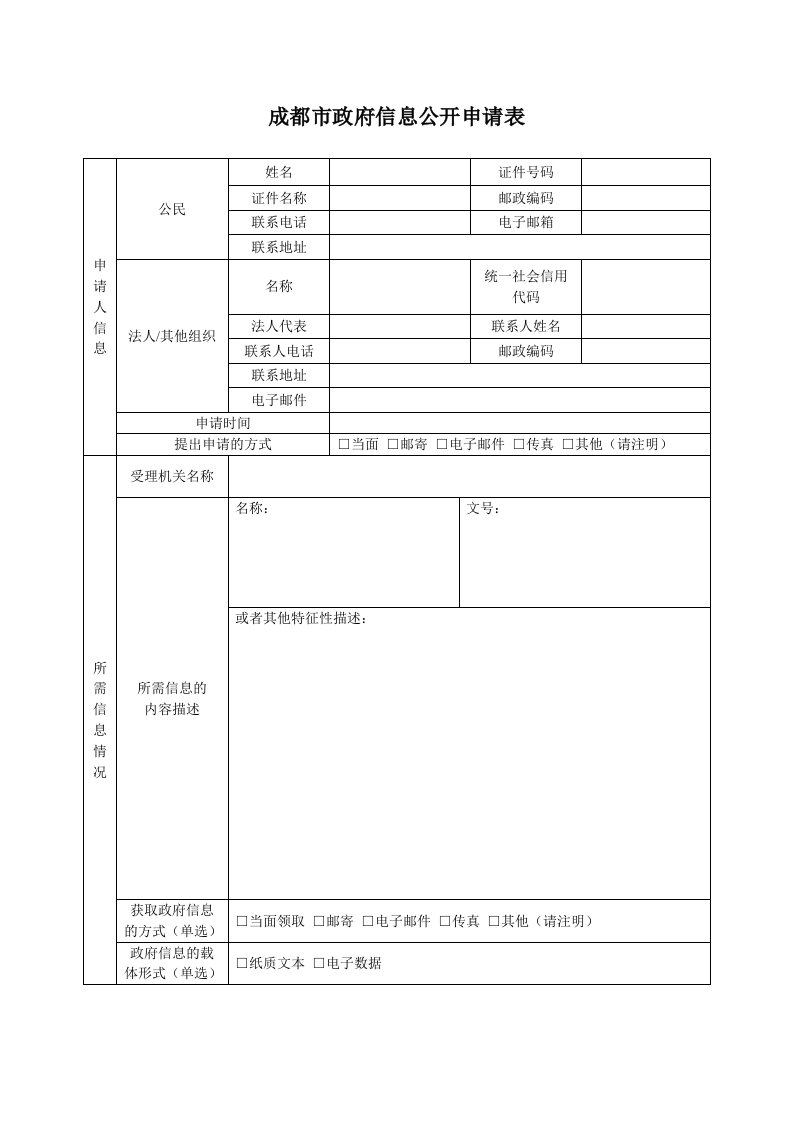 成都市政府信息公开申请表