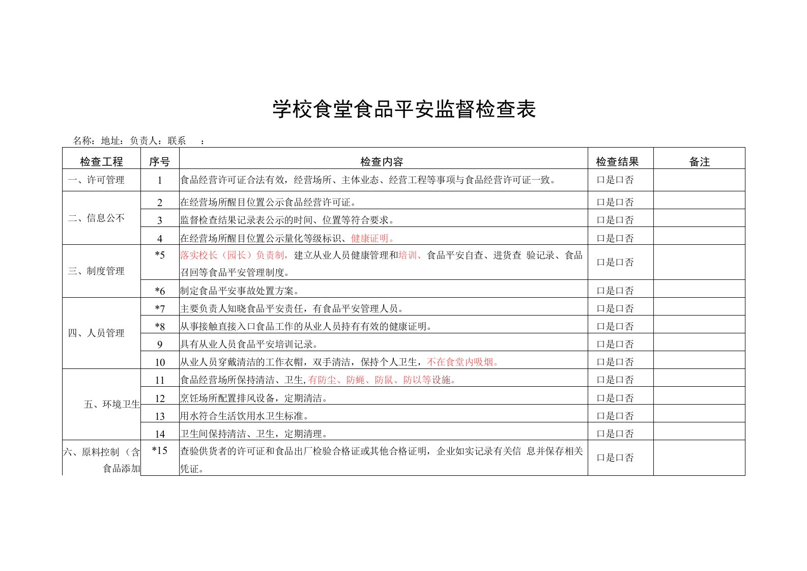 学校食堂食品安全监督检查表