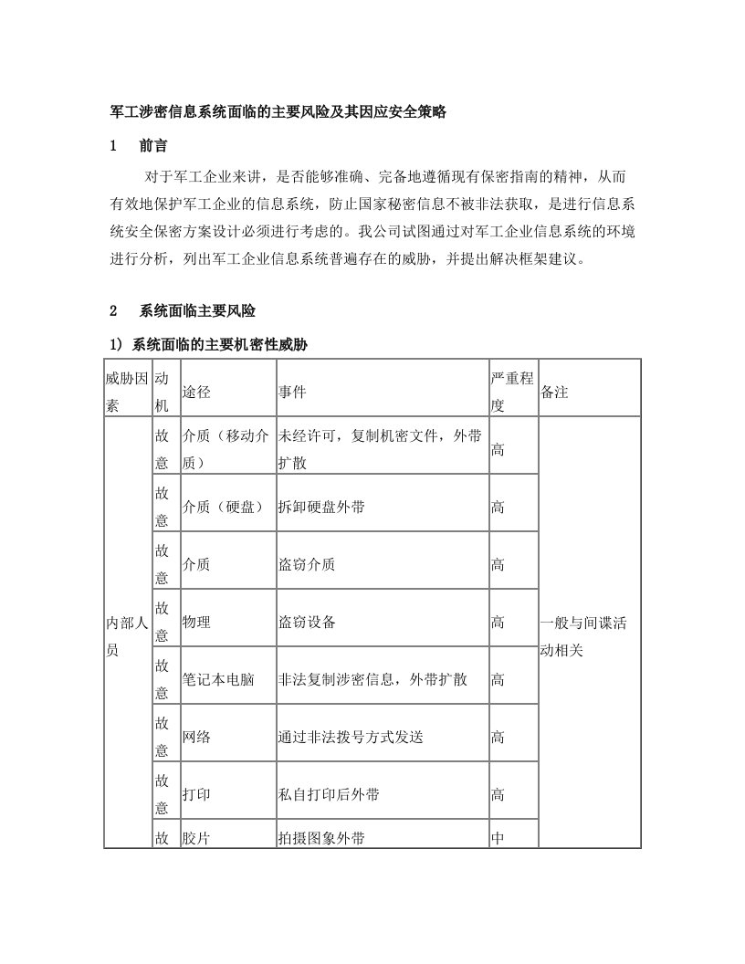 14+军工涉密信息系统面临的主要风险及其因应安全策略