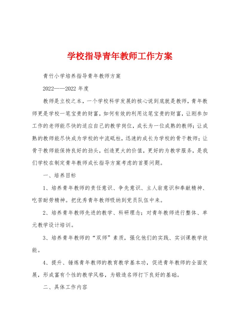 学校指导青年教师工作方案