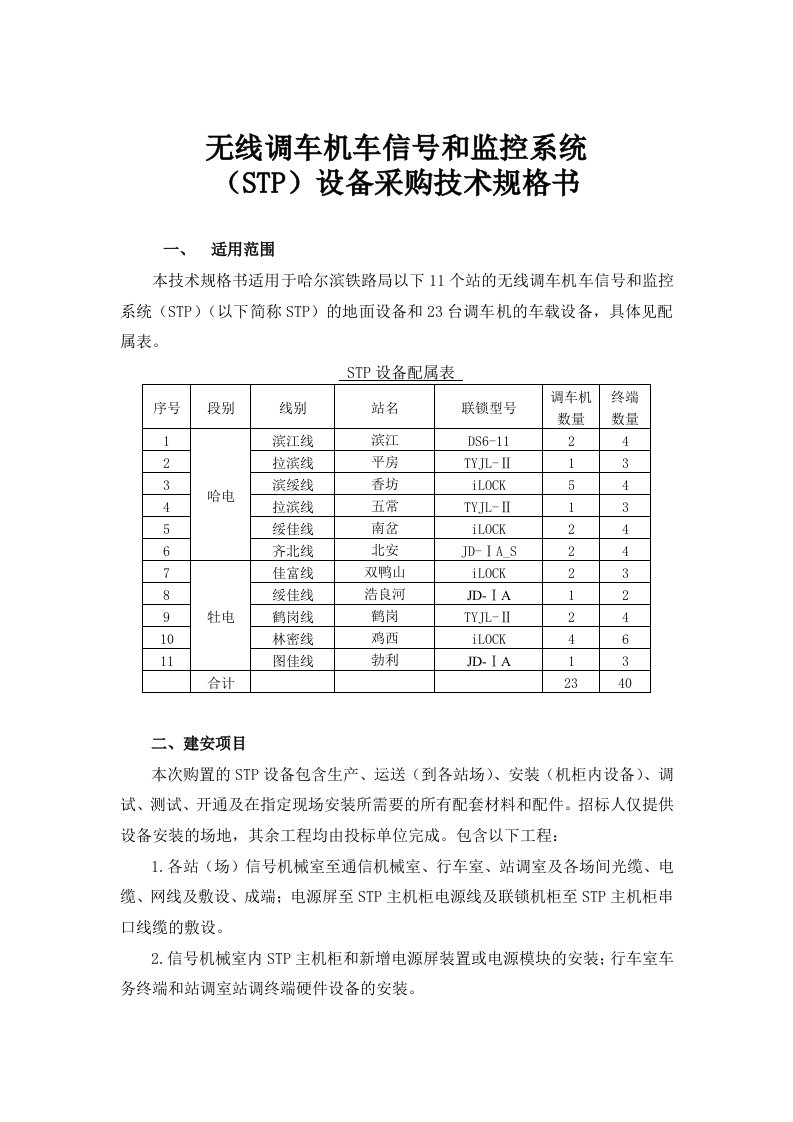 无线调车机车信号和监控系统STP设备采购技术规格书