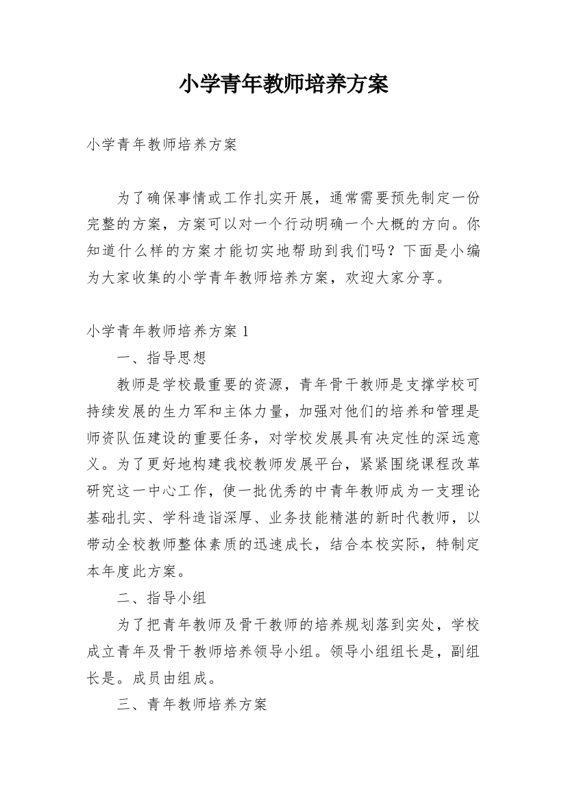 小学青年教师培养方案